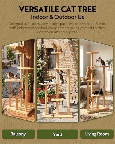 Outdoor Cat Tree, 60" Tall Cat Tower Weatherproof for Patio,Balcony,Garden, Durable 4-Tier Natural Wood w/Scratching Posts for Multiple Cats,Outside&Indoor Adult Cats and Kittens Play, Climbing