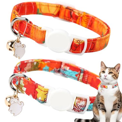 Unique style paws 2 Pack Kitten Collar Breakaway with Bell & Pendant, Adjustable Safety Cat Cotton Collars for Girl Boy Cats and Small Pets - color: pumpkin & maple party