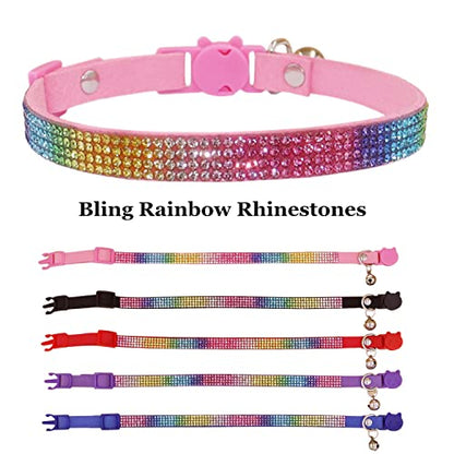 THAIN Bling cat Kitten Collar Rainbow Rhinestone Breakaway Diamond with Bell Soft Velvet Quick Release (Pink) - color: Pink