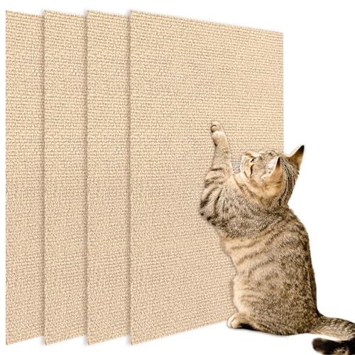 4 Pack Cat Scratch Mats 24”x16”, Self-Adhesive Trimmable Cat Scratching Post Carpet Cat Floor Scratching Pad Rug Cat Tree Replacement Parts Mat Cat Scratcher for Step Couch Furniture Protector(Beige)