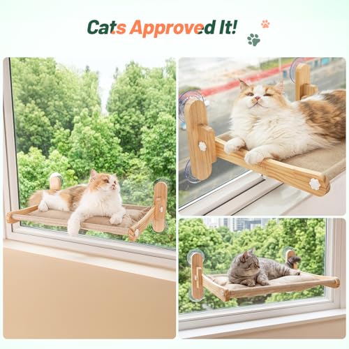 Large Foldable Cat Window Perch - Natural Pine Cat Sill Seat, 50LBS Heavy Duty Cordless Design, Space-Saving No-Scratch Window Hammock for Indoor Cats - size: Large