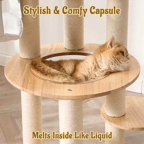 Modern Cat Tree Tower with Scratching Post, 61.5in Tall Cat Tree for Indoor Cats, Multi-Level Solid Wood Cat Furniture with Cozy Cat Beds, Condo, Hammock, Capsule Nest, Turntable Toy, Natural - color: 61.5"-V-Natural