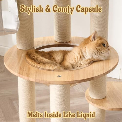 Modern Cat Tree Tower with Scratching Post, 61.5in Tall Cat Tree for Indoor Cats, Multi-Level Solid Wood Cat Furniture with Cozy Cat Beds, Condo, Hammock, Capsule Nest, Turntable Toy, Natural - color: 61.5"-V-Natural