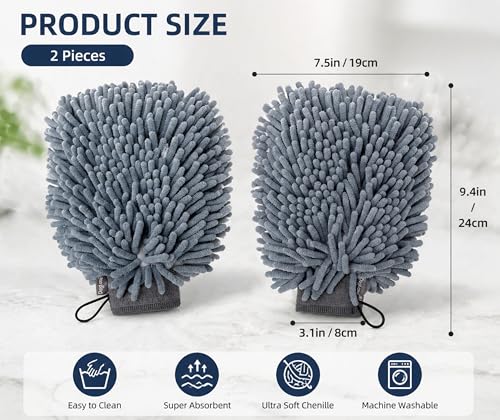 Super Absorbent Dog Dry Bath Gloves, Chenille Microfiber Pet Dirty Dogs Grooming Glove, Suitable for All Dog Breeds, For Wiping Wet Paws and Bodies, Machine Washable 2 Pack