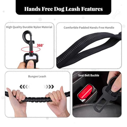 Heavy Duty Multifunctional Adjustable Hands Free Dog Leash - Durable Reflective Stitches, Car Safety Buckle Waist Leash for Dog Walking, Running, Hiking - 5-7FT - color: Black