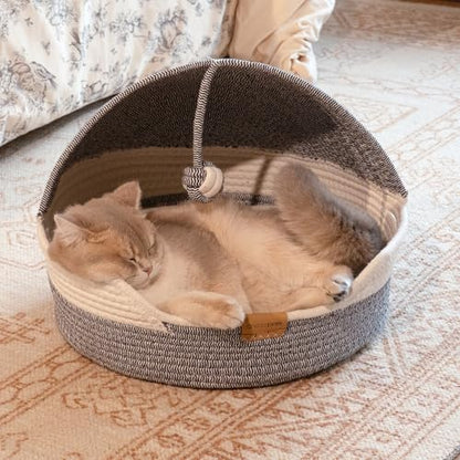 Cat Basket Bed with Washable Cushion and Ball Rope Cotton, Covered Pet Bed for Indoor Cats Cave Bed Hooded, Stimulicat Cat Bed Handwoven Breathable, All Season Universal(Blue) - color: Blue