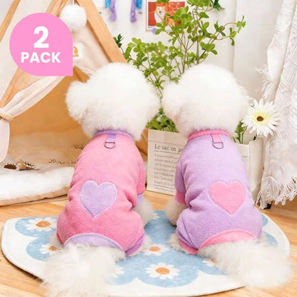 2 Pack Dog Pajamas Small Sized Dog Fleece Pajamas Cute Dogs Fleece Sweater Doggy Sweater Love Pattern Onesies for Pjs Small Dogs Valentines Clothes - color: Pink, size: Small(suggest length of back 10.2'')