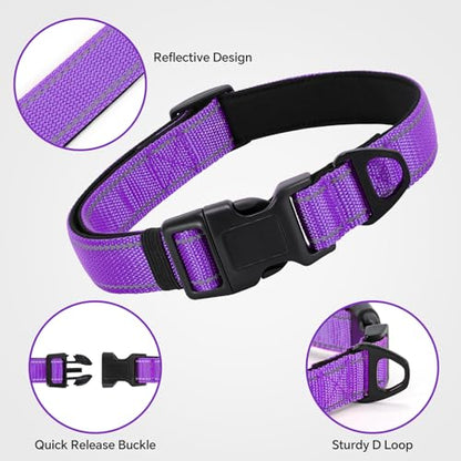 Reflective Dog Collar with Quick Release Buckle - Metal Ring - Adjustable Soft Neoprene Padded Basic Dog Collar for Small Medium Large Dogs (Purple, Small :Width 1",Neck 11.8-15.7") - color: Purple, size: Small