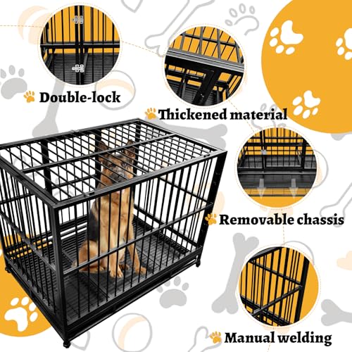 46" Heavy Duty Dog Crates Dog Cage for Large Dogs with Lockable Wheels Removable Tray Escape Proof Dog Cage Dog Kennel Indoor and Outside Suitable for High Anxiety Dogs Double Doors 94.1lbs