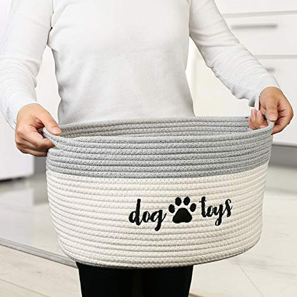 PrimePets Cotton Rope Dog Toy Basket, Small Basket with Handles, Woven Storage Bin for Dogs Pets, 15x10x9 inch Pet Basket Container Holder for Toys, White and Grey