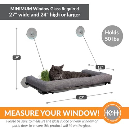 K&H Pet Products EZ Mount Cat Window Perch Deluxe Bolstered Kitty Sill with Cat Grass Grow Station - Hammock Window Bed for Indoor Pets, Home Grown Grass Toy for Bored Indoor Felines