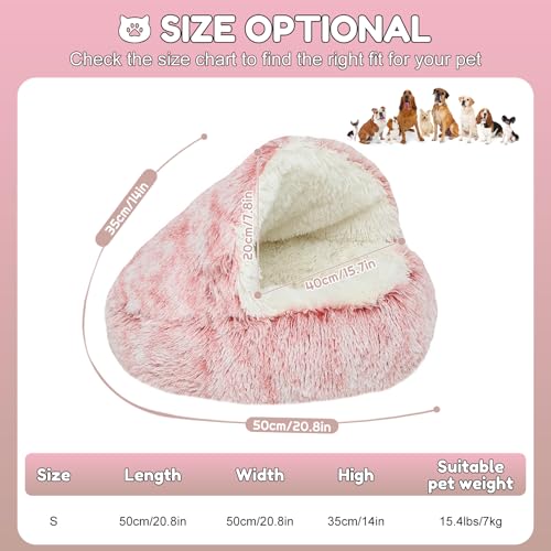 SUOXU Anti-Anxiety Cat Bed, Plush Hooded Cave, 20 in Diameter, Suitable for Small to Medium Pets, Pink - color: Pink