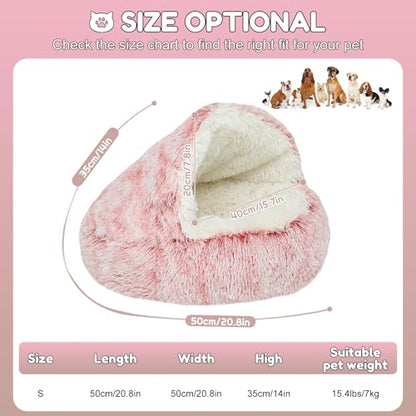 SUOXU Anti-Anxiety Cat Bed, Plush Hooded Cave, 20 in Diameter, Suitable for Small to Medium Pets, Pink - color: Pink