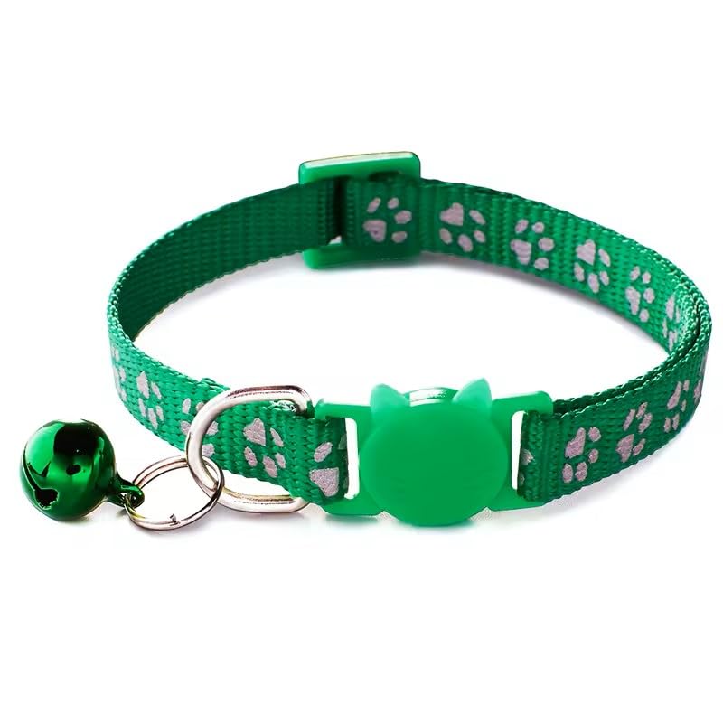Cat Collar Breakaway Safety with Bell, Cute Reflective Paw Print Pattern (Green) - color: Green