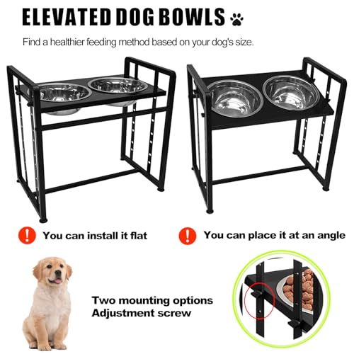 Elevated Dog Bowls 4 Height Adjustable Metal Pet Food Feeder Stand with 2 Stainless Steel Bowl Raised Dogs Feeding Station with Non-Slip Mats Black (Black, Without Feeding Mat) - color: Black, size: 17.91x11.02x17.05in