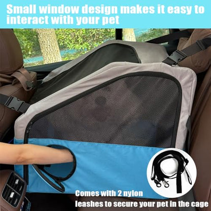 Large Portable Pet Crate for Car Travel, 24"x22"x25" Foldable Dog & Cat Carrier with Secures Seatbelt & Headrest Strap, Oxford Soft-Sided Pet Kennel with Removable Bed for Medium & Large Pet