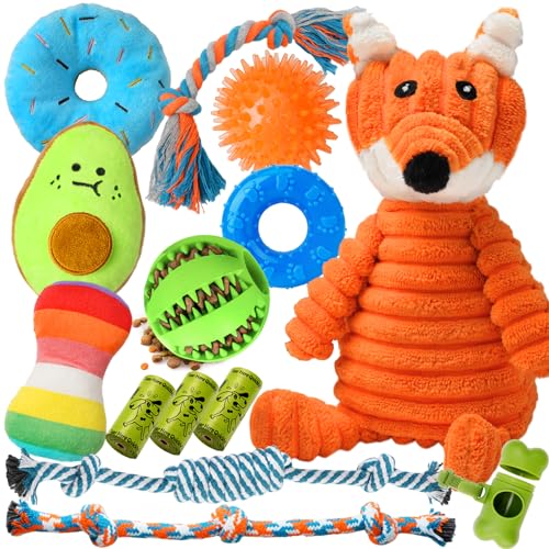 Zeaxuie 14 Pack Puppy Toys for Teething Small Dogs, Puppy Chew Toys with Cute Squeaky Dog Toys, Ball and More Rope Dog Chew Toys - color: 14 Pack (Stuffing-Fox)