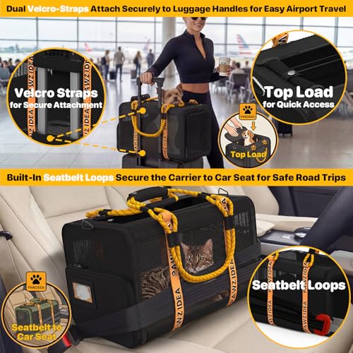 PAWZIDEA Expandable Pet Carrier with Wheels, 18"x11"x11" TSA Airline Approved Cat Carrier for 2 Cats Under Seat, Collapsible Soft-Sided Small Dog Rolling Travel Bag with Telescopic Handle, Up to 18lbs - color: Black Warrior-Wheels