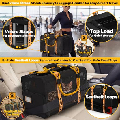 PAWZIDEA Expandable Pet Carrier with Wheels, 18"x11"x11" TSA Airline Approved Cat Carrier for 2 Cats Under Seat, Collapsible Soft-Sided Small Dog Rolling Travel Bag with Telescopic Handle, Up to 18lbs - color: Black Warrior-Wheels