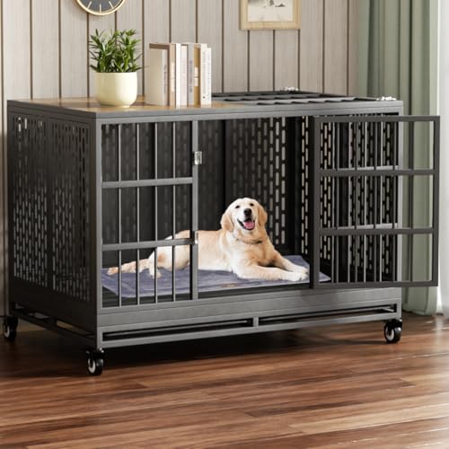Snuowu 48 Inch Heavy Duty Dog Crate with Wheels, Folding Metal Big Dog Cage for Large and Medium Dogs, Extra Large XL XXL Indestructible Dog Crate with Removable Tray. - size: 47.3"L x 29.0"W x 32.0"H
