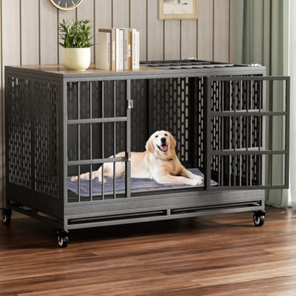 Snuowu 48 Inch Heavy Duty Dog Crate with Wheels, Folding Metal Big Dog Cage for Large and Medium Dogs, Extra Large XL XXL Indestructible Dog Crate with Removable Tray. - size: 47.3"L x 29.0"W x 32.0"H
