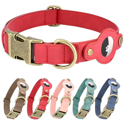 AirTag Dog Collar, Soft PU Leather Dog Collar with AirTag Holder, 1" Wide Adjustable GPS Tracking Collar for Large Dogs, Heavy Duty Pet Collar with Quick Release Metal Buckle (Red, L) - color: Red, size: L 15”-23"