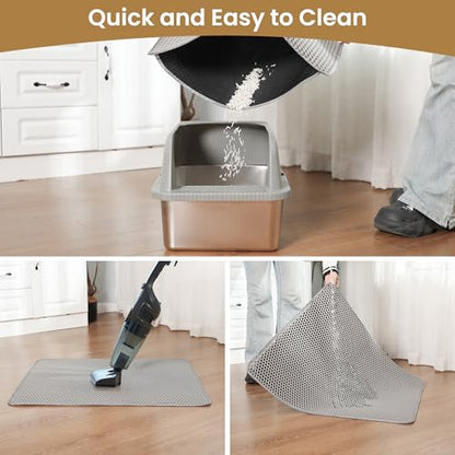Cat Litter Mat 24x18 Inches, Honeycomb Double Layer Traps Litter & Waterproof Leatherette Bottom Prevents Urine Leaks, Durable & Easy Clean Pet Floor Protector for Cat Litter Box Area（Grey） - color: Gray(24x18 inch)