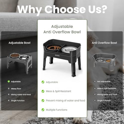 4-in-1 Elevated Slow Feeder Dog Bowls, 4 Height Adjustable Mess Proof Raised Dog Bowl Stand with No Spill Water Bowl, Stainless Steel Doggy Food Dish & Slow Feeder for Large Medium Small Pets - color: Black, size: Water Bowl + Stainless Steel Bowl + Slow