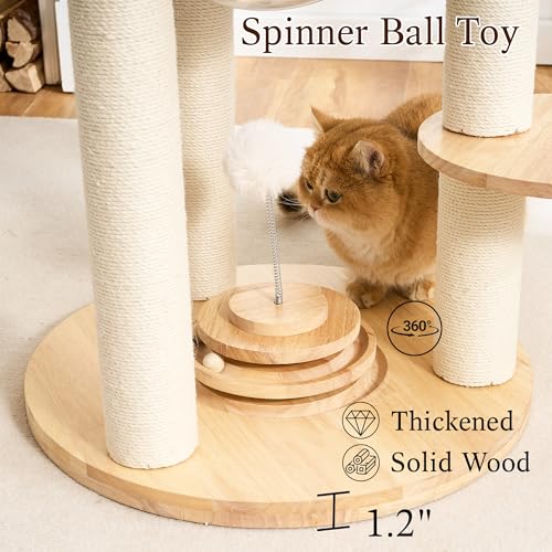 797Audio Wood Modern Cat Tree, 61.5" Cat Tower with Sisal Scratching Posts, Cat Condo, Capsule,Hamnock and Spinner Toy, Solid Wooden Aesthetic Multi-Level Cat Climbing Tree for Adult Indoor Cats-White - color: 62 Inch-Turntable-White