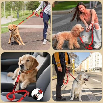 Heavy Duty Tactical Dog Leash, 4-6FT Shock Absorbing Bungee Lead with 2 Padded Handles, Metal Carabiner & Seatbelt Clip, Reflective No-Pull Leash for Medium/Large Dogs (Red) - color: Red