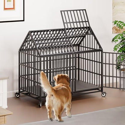 50 inch Heavy Duty Indestructible Dog Crate with 2 Bowls, Escape Proof Double Door Dog Kennel for Large Giant Dogs with Wheels and Trays, High Anxiety Extra Large Dog Cage Indoor Outdoor, XL XXL - size: 49.2"L x 29.7"W x 46.3"H