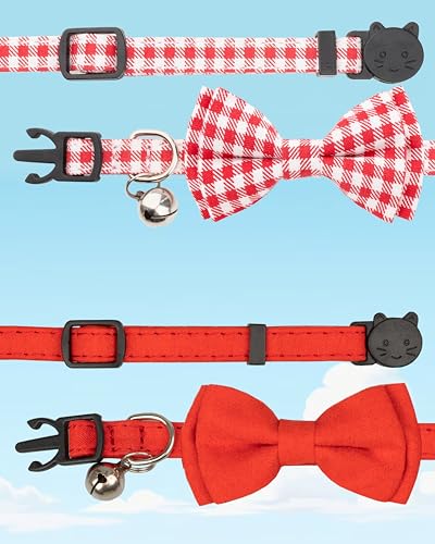Cat Collar with Bow Tie 2pcs Set Bell Boy Girl Kitten Safety Plaid Grid Checkered Solid Color Suede Velvet Cute Soft Gift [2pcs] Red - color: Style A-[2pcs] Red