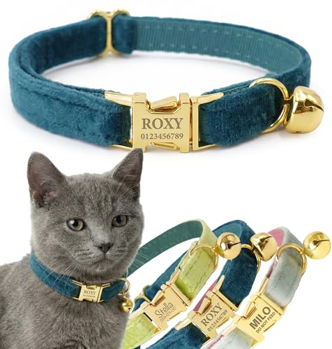 Personalized Velvet Cat Collar with Bell, Custom Engraved Name and Phone Number, Adjustable Luxury Kitten Collar, Non-Breakaway Secure ID Collar for Cats and Kittens - color: Jade Green, size: S