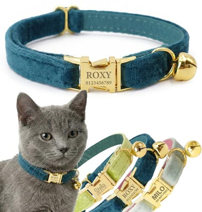 Personalized Velvet Cat Collar with Bell, Custom Engraved Name and Phone Number, Adjustable Luxury Kitten Collar, Non-Breakaway Secure ID Collar for Cats and Kittens - color: Jade Green, size: L