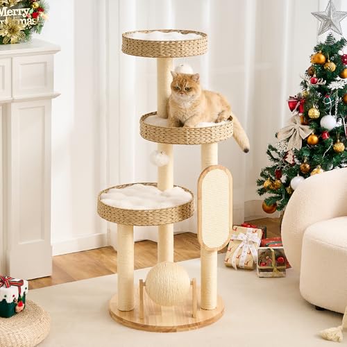 Modern Cat Tree Small Tower with Scratching Post for Indoor, Solid Wood Multifunctional Corner Cat Tree Tower with Bed - color: with Scratcher Ball