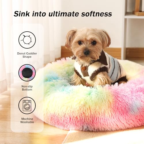 Calming Donut Dog Bed for Small to Medium Dogs & Cats - Plush Faux Fur Anti-Anxiety Pet Bed with Machine Washable Cover & Non-Slip Base - color: Rainbow, size: X-Small 15.7''