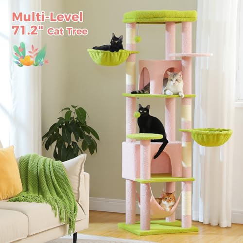 71.2 Inches Flower Tall Cat Tree for Large Cats, Multi-Level Cat Tower with 2 Cozy Condos, Super Large Top Perch, 3 Hammocks, Sisal Scratching Posts and 2 Pompoms, Pink - color: Pink, size: 71.2 Inches