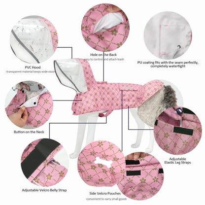 Waterproof Dog Raincoat, Adjustable Reflective Lightweight Pet Rain Clothes with Poncho Hood (Gold Cheery Blossoms Pink, Small) - color: Gold Cheery Blossoms Pink, size: Small(9-13lb)