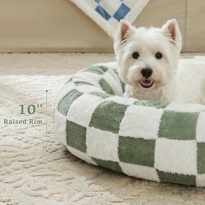 Ohocut Checkered Dog Bed, Cute Sage Green Retro Style Aesthetic Round Warming Pet Calming Beds for Small Dog and Cats, Plush Cozy Donut Washable, 30" L x 30" W x 8" Th - color: Green, size: 30"L x 30"W x 8"Th
