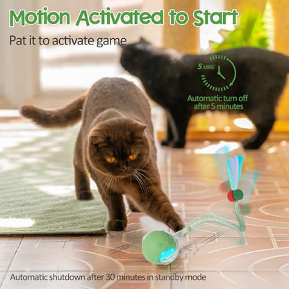 Interactive Cat Toys Ball for Indoor Cats, Automatic Moving Ball Toy with Elastic Mesh Tail, Chirping & Obstacle Avoidance and Motion Activated, Green【Rechargeable】 - color: Green