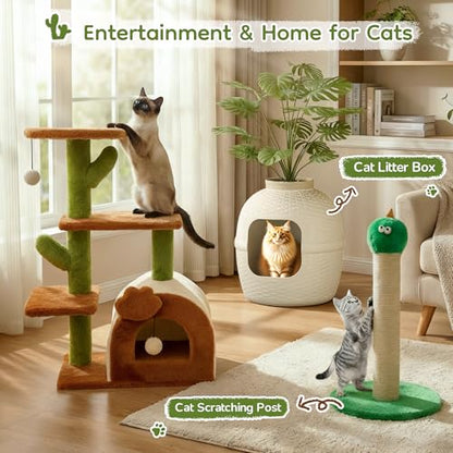 Cactus Cat Tree for Indoor Cats, 27.5'' Small Cat Tower with Cozy Condo, Wide Top Perch Multi-Level Climbing and Lounging Space, Brown - color: Brown-2