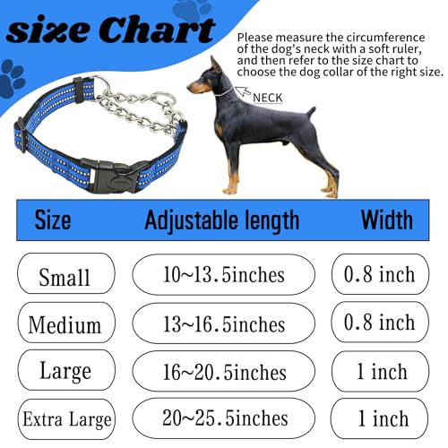 Martingale Dog Collars, Reflective Nylon Collar with Stainless Steel Chain, Adjustable Walking Training Dog Collars with Quick Release Buckle, Suitable for Small Medium Large Dogs(Blue,M) - color: Blue, size: Medium-(dog's neck 13~16.5inches)