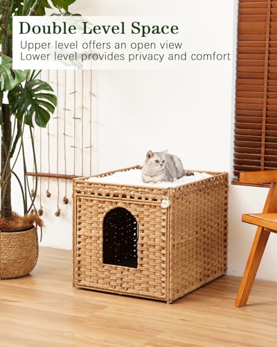 SETVSON Cat Litter Box Enclosure Furniture, Large Hidden Litter Box Furniture, Handwoven Rattan Cat House Cabinet, One Mat, Two S-Shaped Hooks, Living Room, Apartment 21.6 X 26 X 21.6 Inches, Natural - color: Natural, size: XL