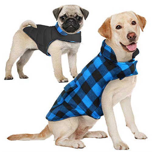 AOFITEE Dog Coat Plaid Dog Winter Coat for Small Dogs, Warm Dogs Jacket Christmas Sweater, Waterproof Pet Puffer Jacket, Reversible Pet Cold Weather Coats for Small Medium Large Pets, Blue L - color: Blue, size: Large