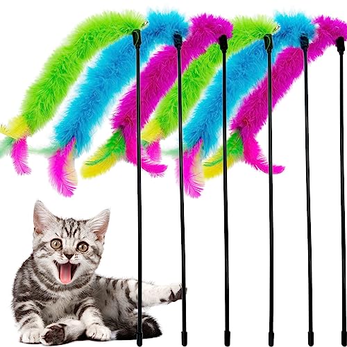 Cat Wand Feather Toys, 6 Pieces Interactive Cat Feathers Teaser Toy for Indoor Cats Play - color: 6PCS Cat Wand Toys