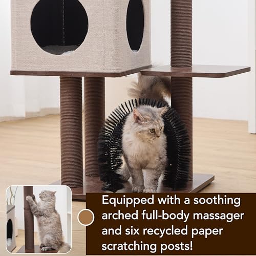 Petpals 4 Level 43" Minimalist Design Cat Tree with Wood Condo,Replaceable Paper Rope Scratching Posts,Full Body Bruch,Removeable and Washabel Bed (Brown and Beige) - color: Brown and Beige