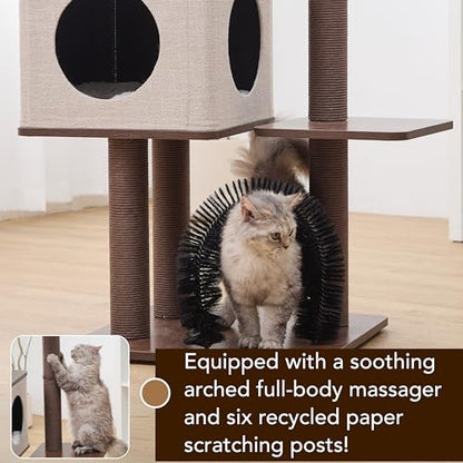 Petpals 4 Level 43" Minimalist Design Cat Tree with Wood Condo,Replaceable Paper Rope Scratching Posts,Full Body Bruch,Removeable and Washabel Bed (Brown and Beige) - color: Brown and Beige