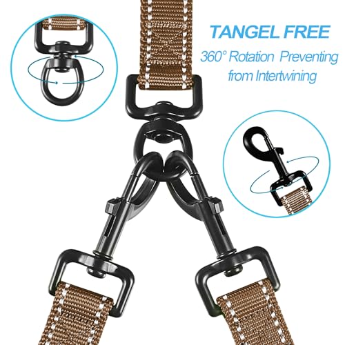 Double Dog Leash, No Tangle Dual Leash, Reflective Walking Training Lead, 4 Comfortable Padded Handles for 2 Dogs with Collapsible Bowl and Waste Bags (Brown, Large) - color: Brown