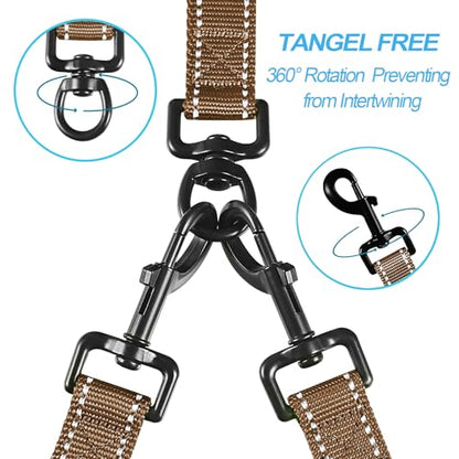 Double Dog Leash, No Tangle Dual Leash, Reflective Walking Training Lead, 4 Comfortable Padded Handles for 2 Dogs with Collapsible Bowl and Waste Bags (Brown, Large) - color: Brown