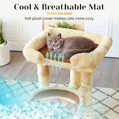 Fansafurn Multi-Level Cat Tree for Indoor Cats, Modern Cat Tower with Double Beds & Scratching Posts, 27in Cat Tree for Large Cats and Kitten, Small Cat Climbing Tower with Hanging Toys, Cream White - color: Beige
